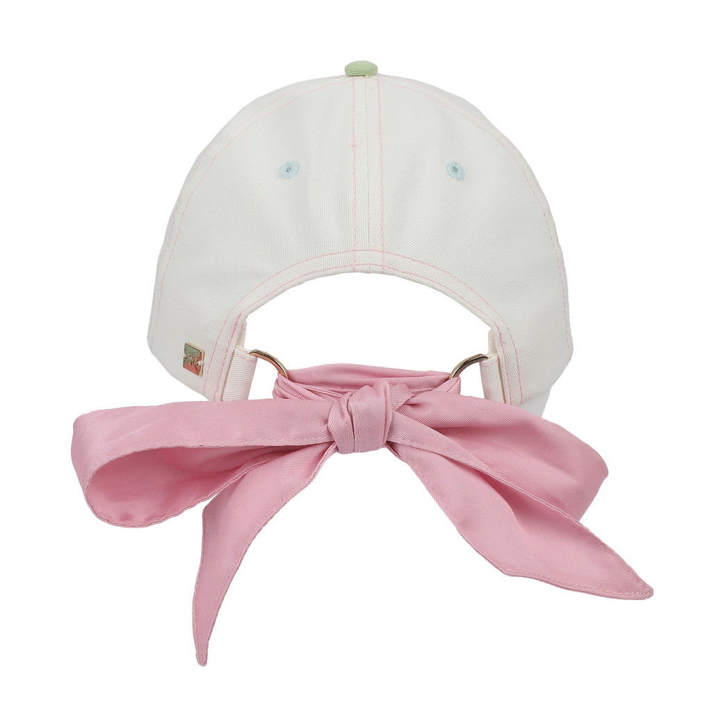 Happy Days And Funny Nights white and pink dad hat with oversized pink bow