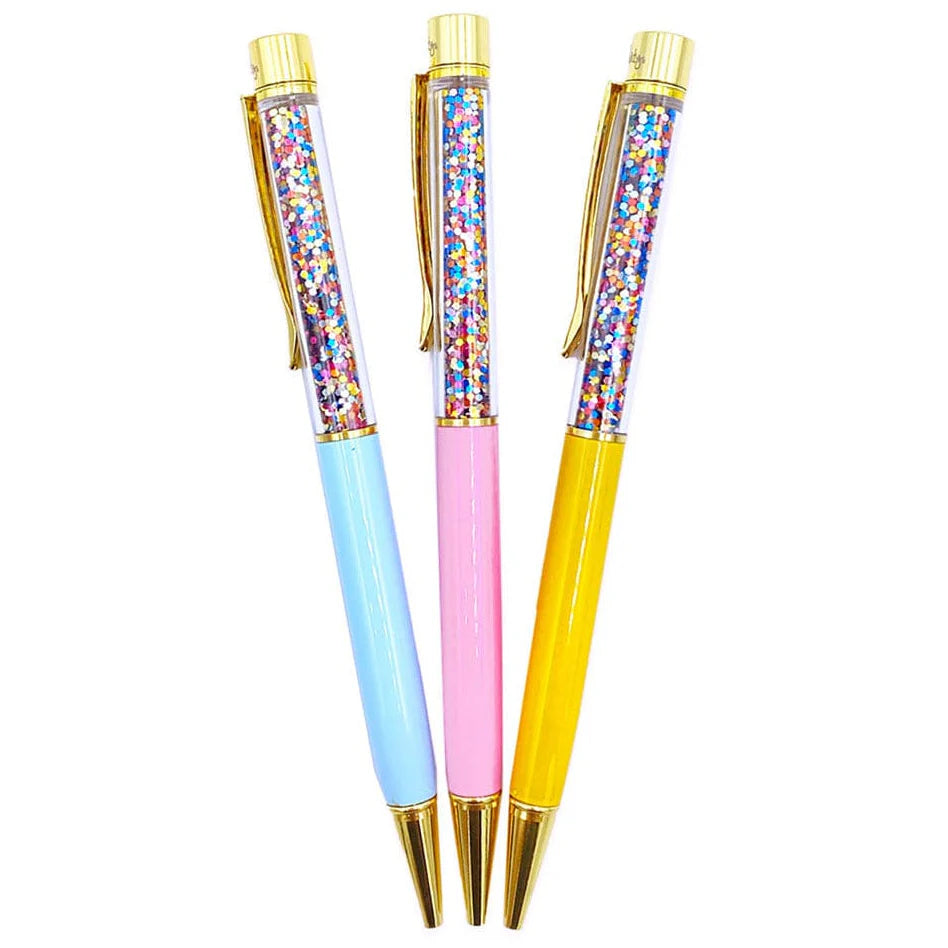 Happy Days And Funny Nights confetti-filled ballpoint pen set in bright colors with gold trim