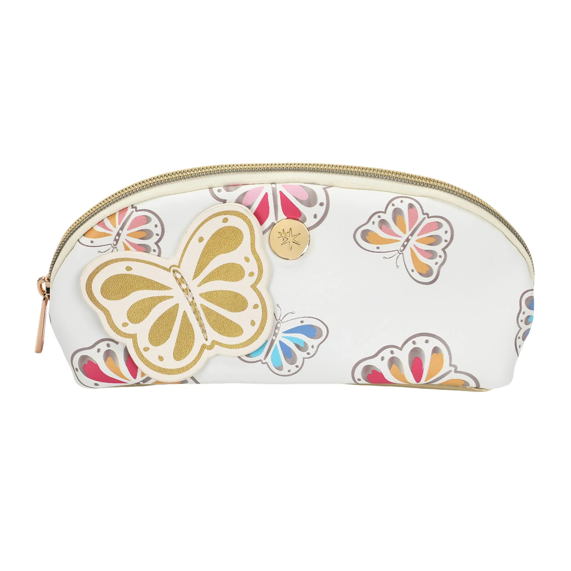 Happy Days And Funny Nights Gold Butterfly Pencil Pouch with butterfly appliqué on leatherette