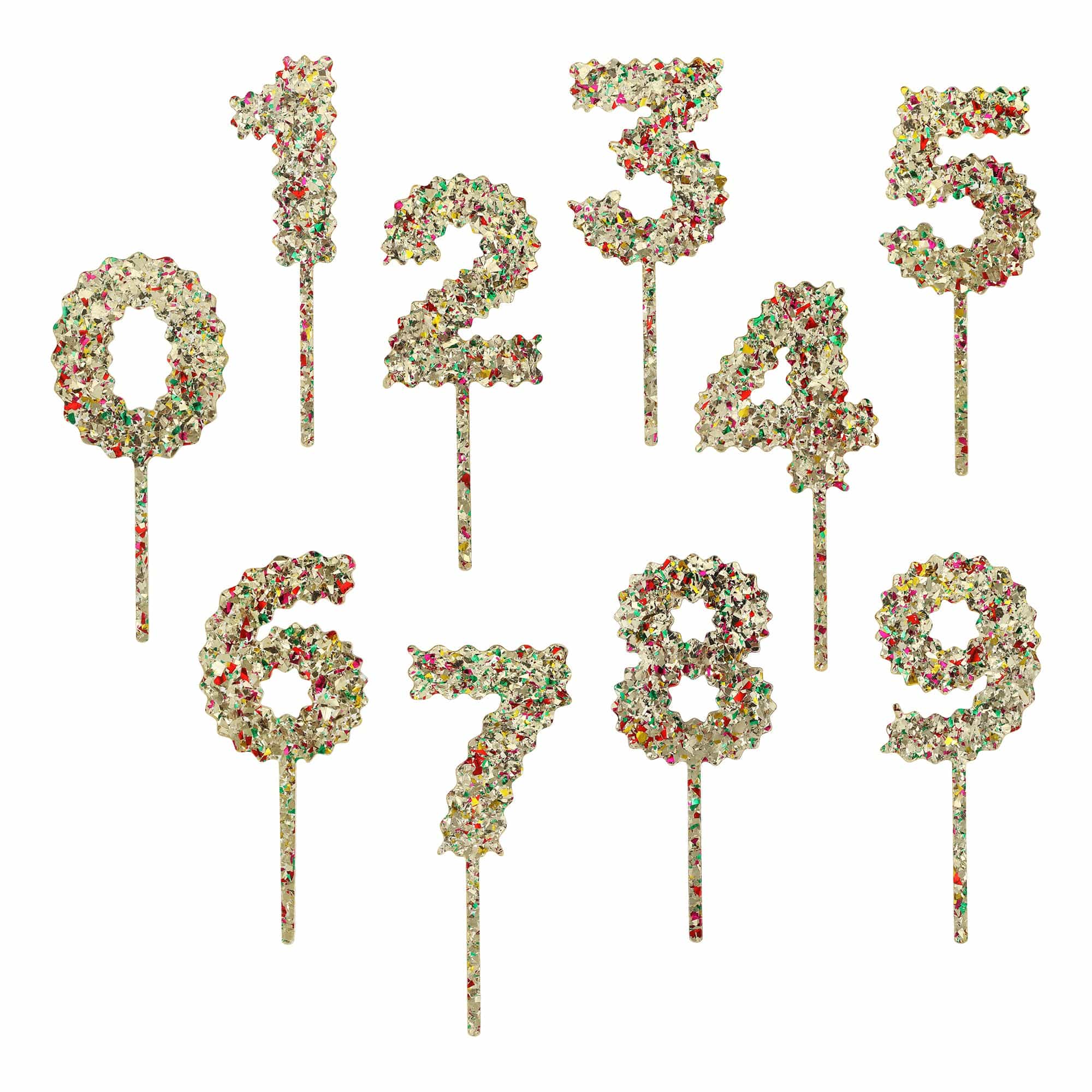 Happy Days And Funny Nights gold confetti number cake toppers set 0-9 on a cake