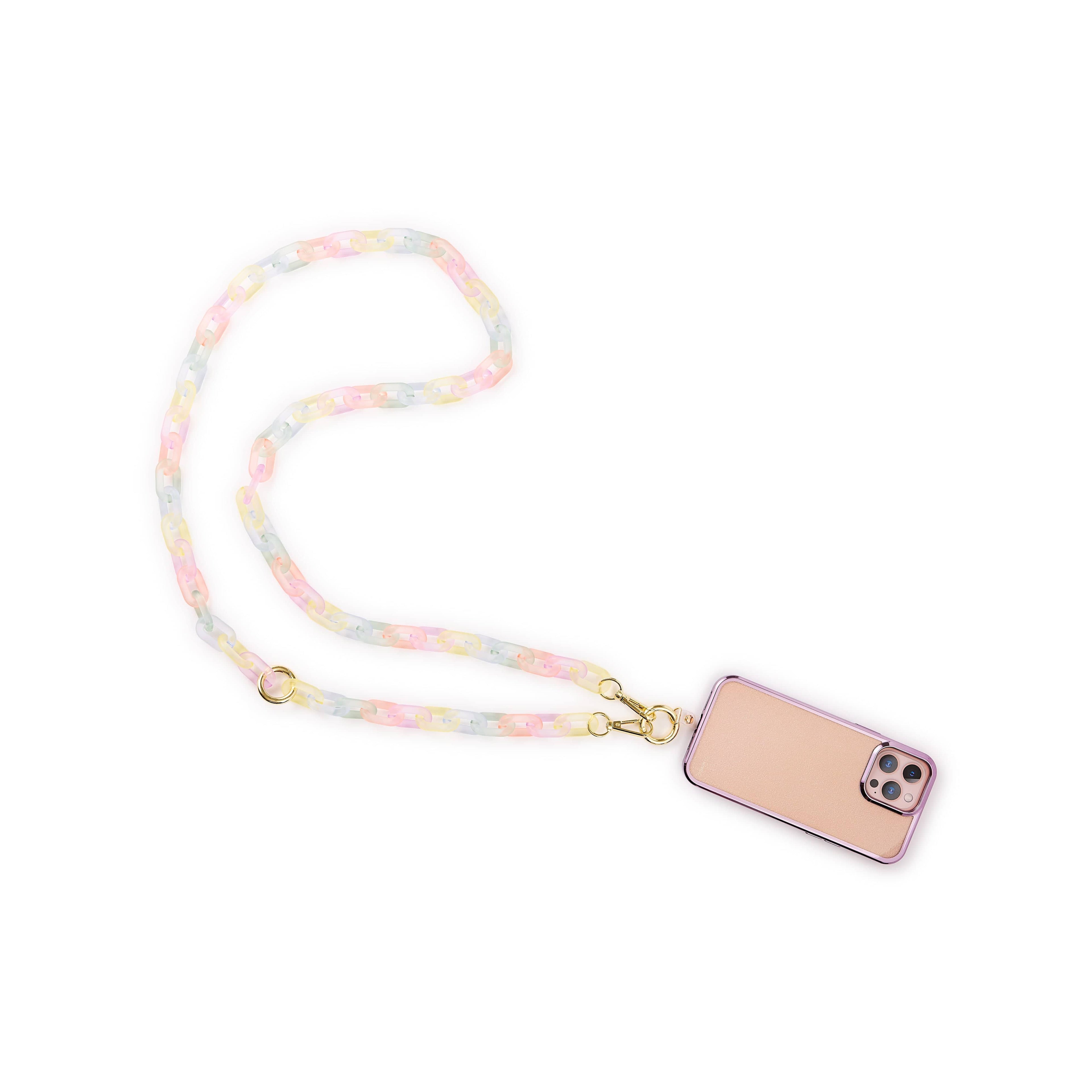 Happy Days And Funny Nights Link Up Frosted Rainbow Phone Chain with multicolor plastic links and gold clips