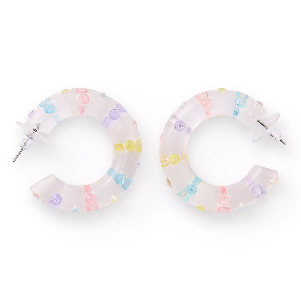Happy Days And Funny Nights Pastel Confetti Hoop Earrings in acrylic with multicolored gems