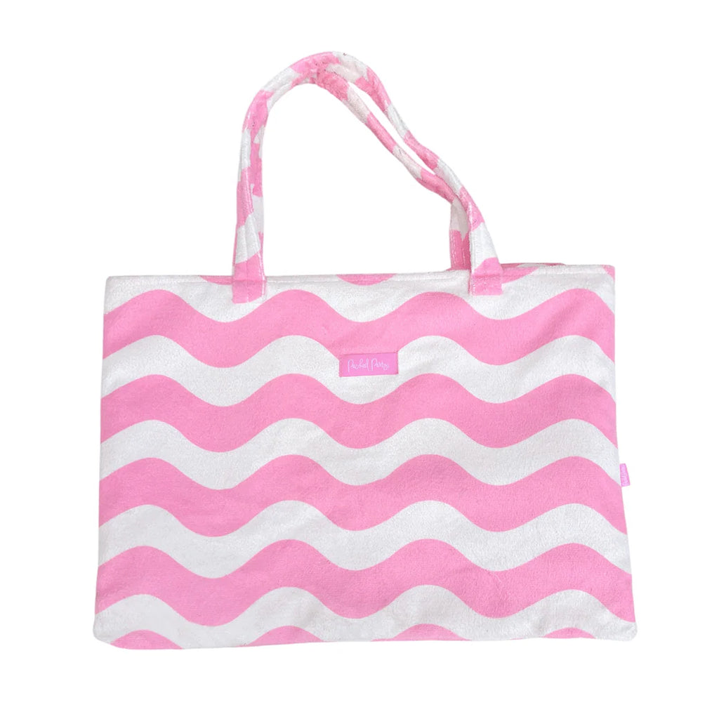 Happy Days And Funny Nights Pink Scallops 2-in-1 Tote Towel Bag on beach