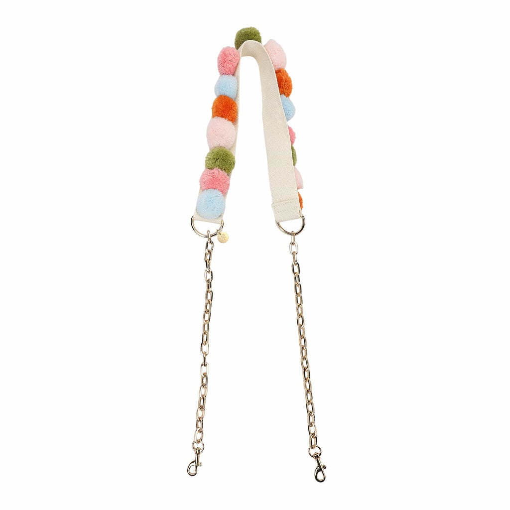 Happy Days And Funny Nights Pom It Up Bag Strap with multicolor pom poms and gold chain
