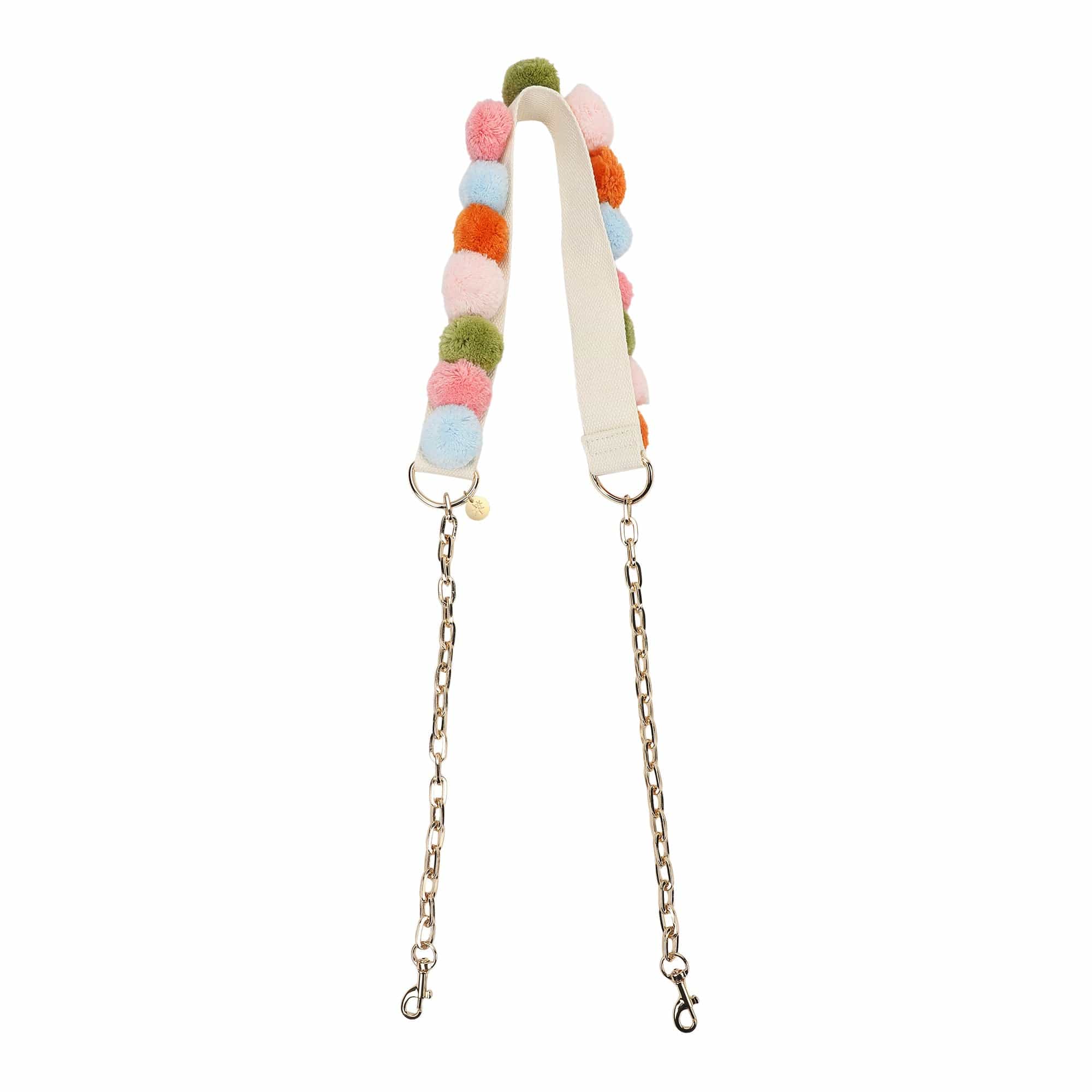 Happy Days And Funny Nights Pom It Up Bag Strap with multicolor pom poms and gold chain