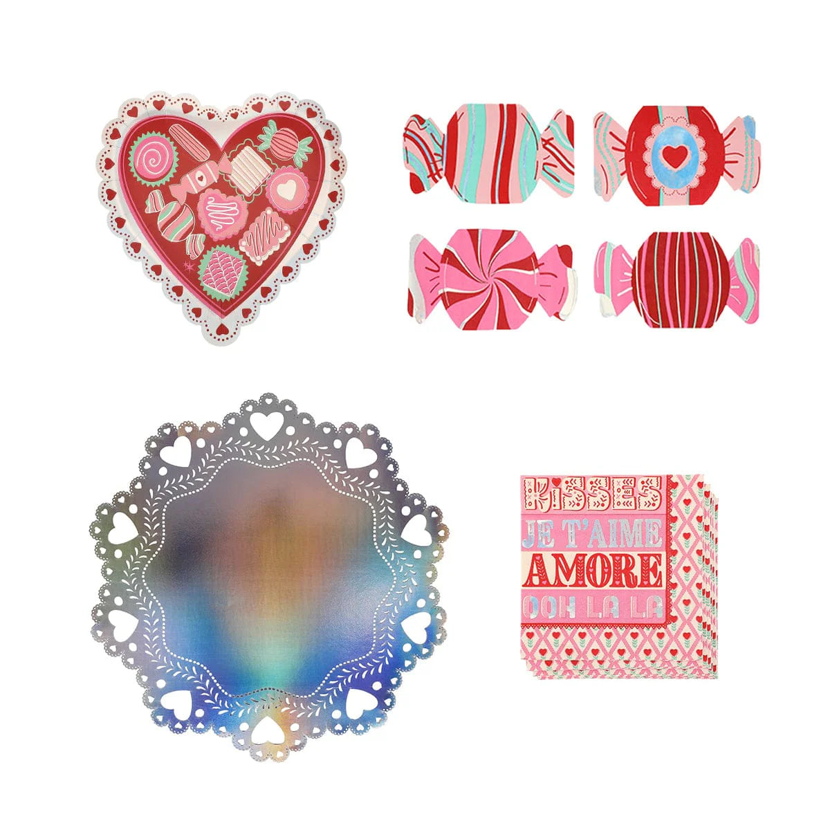Happy Days And Funny Nights Sweethearts Tableware Party Kit with heart plates and iridescent placemats